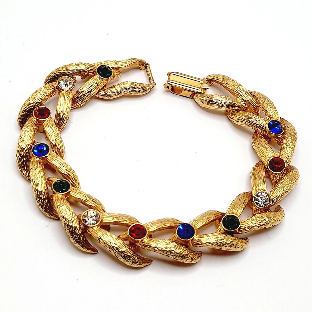 Vintage Gold Tone Braided Link Bracelet Multicolor Rhinestones 7.25 Inch